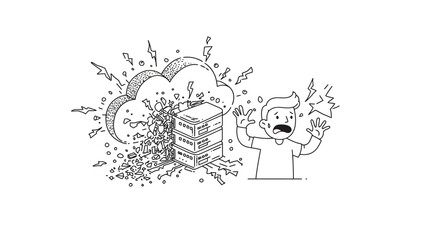 Obraz premium Cloud server crash line art with shocked person and exploding data