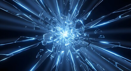 Abstract shattered glass pattern with glowing blue edges.