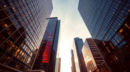 Reflective skyscraper business office buildings. Bottom up view of big modern city urban landscape