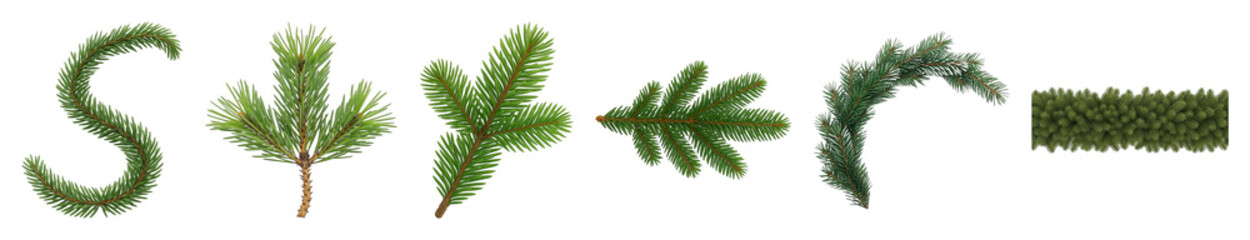 Obraz premium Conifer branch set including fir and pine sprigs, curved elements, and borders isolated. Christmas and winter holiday designs.