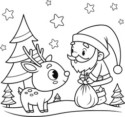 Set of cheerful cartoon Santa Claus carrying a large sack full of gifts line art silhouette vector illustration.