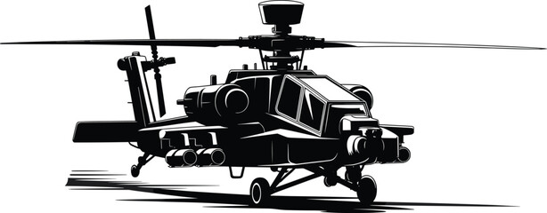 Apache helicopter silhouette, military aircraft, attack helicopter, black illustration, grounded vehicle, white background, weapon system, rotor blades, tactical graphic, defense icon