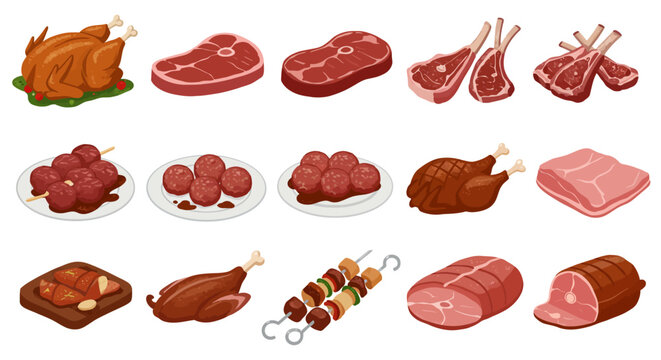 An array of assorted uncooked and cooked meats from steak and chops to meatballs and roast poultry