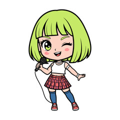 Cute chibi K-pop girl idol with neon green short bob hair, white crop top, plaid skirt, sneakers, and cheerful wink. HD vector cartoon style, bold line art, flat solid colors, clean background.