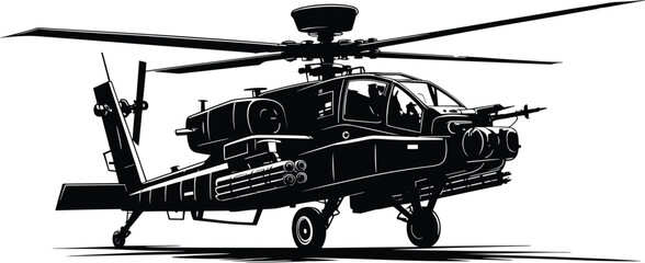Apache helicopter silhouette, military aircraft, combat helicopter, black and white, tactical aviation, weapon system, rotorcraft profile, war machine, defense technology, © Hey this is Tazim