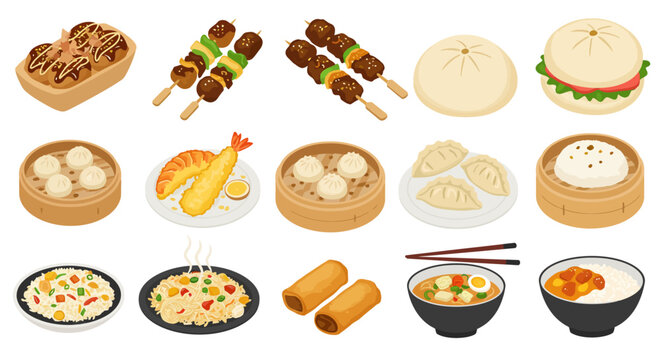Asian foods illustration takoyaki yakitori bao buns dim sum dumplings fried rice spring rolls ramen rice bowl