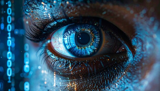 Close-up of a detailed, blue eye reflecting digital code. Eyelashes and pupil prominent, conveying a sense of technology and vision