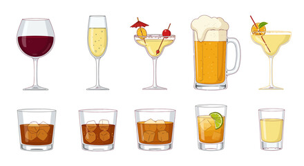 Assortment of diverse alcoholic beverages including wine beer cocktails and liquors arranged in two rows on a white background