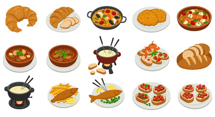 Assortment of isometric food dishes including soups seafood bread and fondue
