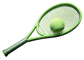 Green tennis racket and ball isolated on white background