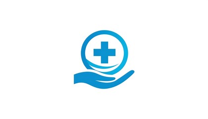Obraz premium A stylized design features a stylized medical cross within a circle, encompassed by a supportive hand, conveying care and assistance.
