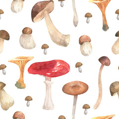 Watercolor fall mushrooms seamless pattern. Atmospheric cozy illustration. Thanksgiving. Perfect for paper, textile, wrapping and other design.