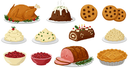 Cartoon holiday spread turkey ham pie pudding mashed potatoes cranberry sauce cookies and a yule log