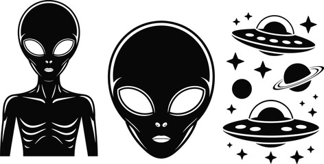 Black and white alien illustrations, extraterrestrial head designs, UFO flying saucer icons, sci‑fi space art, cosmic exploration concept, outer space fantasy