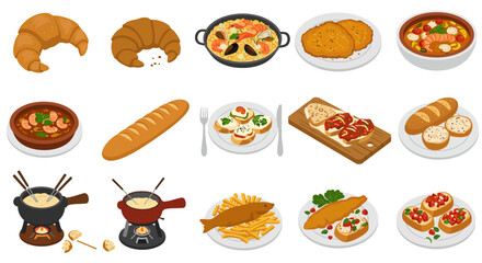 Diverse food platters feature croissants paella soup fondue bruschetta  fried fish