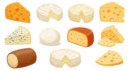 Eleven cheese illustrations of various types with different shapes and textures