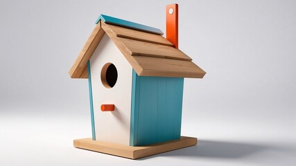 Colorful birdhouse design with vibrant colors on a clean background, copy space