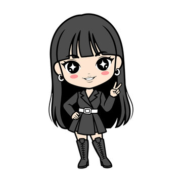 HD vector chibi K-pop girl idol with long straight black hair and bangs, chic black dress with silver belt, tall boots. Cute peace sign pose, kawaii cartoon style with big sparkling eyes.