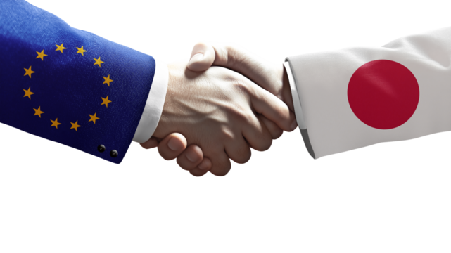 Handshake between European Union and Japan symbolizing diplomacy, cooperation, trade, and international relations.