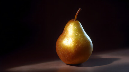 Golden Pear Still Life: The soft focus highlights the radiant sheen of a ripe pear, its form accentuated by subtle light play. The dark background amplifies its vivid color and refined texture.