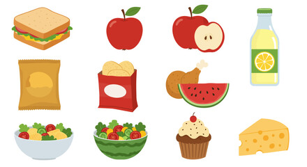 Food icons sandwich apples juice chips chicken watermelon salad cupcake and cheese in a grid arrangement