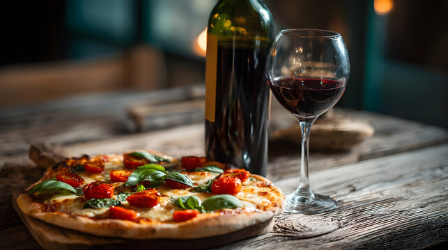 Delicious pizza topped with fresh basil and cherry tomatoes alongside a glass of red wine - Powered by Adobe