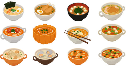 Illustration of 12 bowls of various soups each containing unique ingredients and served in different types of bowls