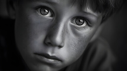 Fototapeta premium Young boy with freckles gazing thoughtfully, showcasing deep emotions and expressive features