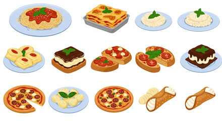 Illustration of an array of various Italian dishes arranged in rows on a white background