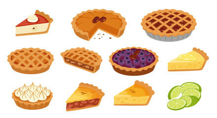 Illustration shows multiple pies blueberry pumpkin lemon apple and pecan varieties some sliced