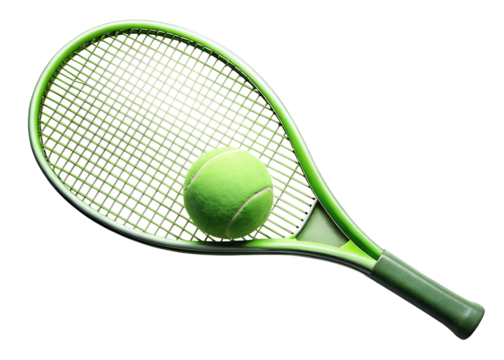 Green tennis racket with ball isolated on white background