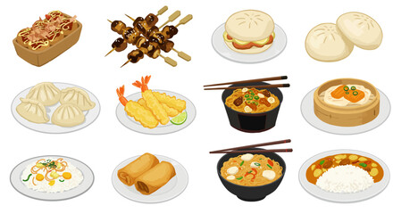 Isometric cartoon depiction of twelve Asian food dishes