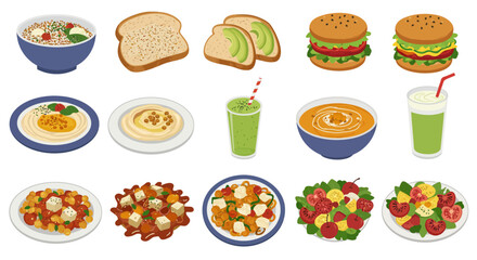 Isometric food spread bowls plates burgers bread smoothies  salads
