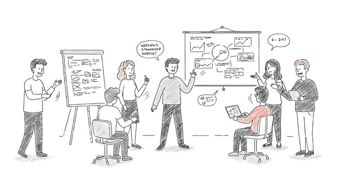 Team collaboration in office: casual meeting with presentation and discussion