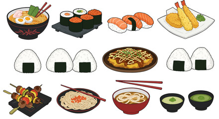 Japanese foods ramen sushi onigiri yakitori tempura okonomiyaki udon soba