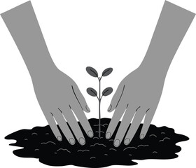 Obraz premium Hands nurturing young plant growing in soil symbolizing care and growth in black and gray colors vector illustration 