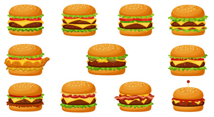 Multiple cartoonstyle burgers differing in toppings and meat are arranged on a white background