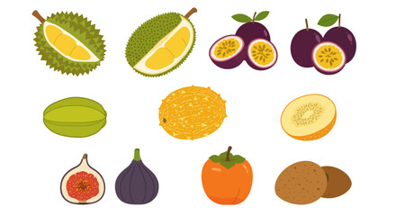 Variety of fruits depicted in a cut and whole state