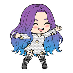 Chibi K-pop girl idol vector with long ombre purple-blue hair, sparkling star dress and boots. Energetic dance pose with smiling face, adorable kawaii cartoon style in HD vector art.