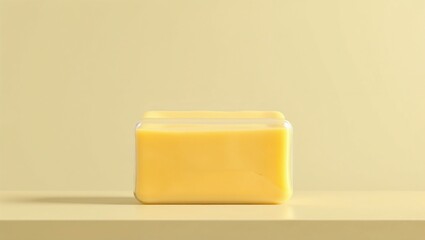 Smooth butter block in a transparent container on a soft yellow background, copy space
