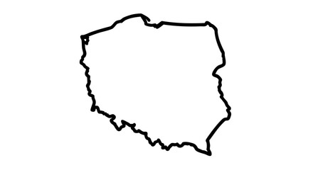 Outline of Poland in simple black and white for geographical representation. Poland's outline shows country borders, depicting its simple shape for cartographic use.