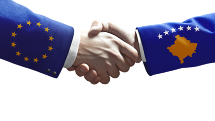 Handshake between European Union and Kosovo symbolizing diplomacy, cooperation, partnership, and international relations.
