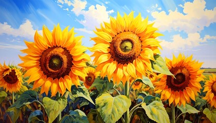 Obraz premium Vibrant Oil Painting of a Golden Sunflower Field.