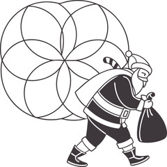 Set of cheerful cartoon Santa Claus carrying a large sack full of gifts line art silhouette vector illustration.