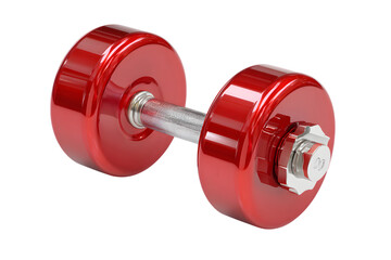 Isolated shiny red dumbbell with textured silver handle on a black background in a studio setting