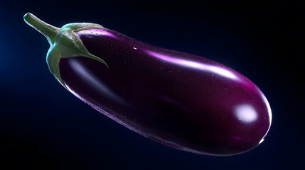 Eggplant: A visually striking, single eggplant. Illuminated against a dark backdrop, highlighting its smooth, glossy skin.