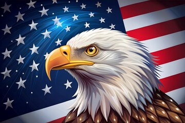 American Bald Eagle with United States Flag Background Symbolizing Patriotism and Freedom