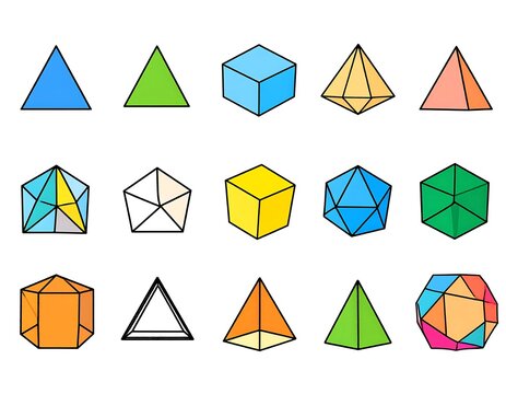 A collection of various colorful three-dimensional shapes, including cubes, pyramids, and polyhedrons, presented in a playful and educational style.