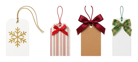 Christmas gift tag set including snowflake, striped, kraft, and plaid designs isolated. Holiday decor and gifting elements.