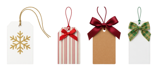 Christmas gift tag set including snowflake, striped, kraft, and plaid designs isolated. Holiday decor and gifting elements.